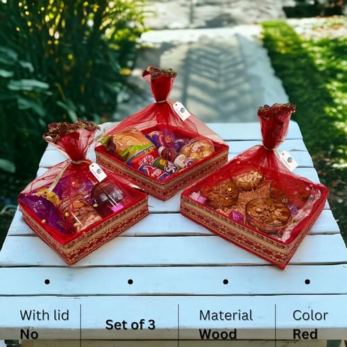 SANWALSA (Set of 3, 8",10",12" inch, Square) MDF Base Designer Gift Hamper Packaging Baskets with Net Cover, Gift Hamper Organiser perfect for any occasion (Red) - Image 2