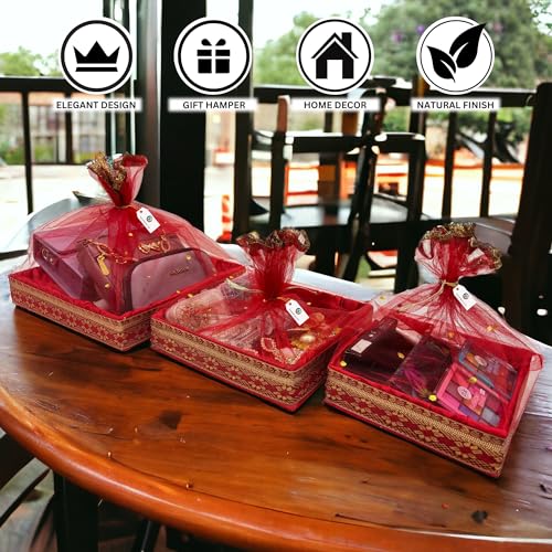 SANWALSA (Set of 3, 8",10",12" inch, Square) MDF Base Designer Gift Hamper Packaging Baskets with Net Cover, Gift Hamper Organiser perfect for any occasion (Red) - Image 3