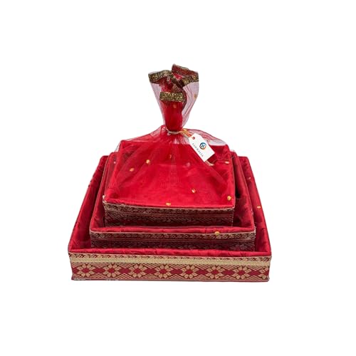 SANWALSA (Set of 3, 8",10",12" inch, Square) MDF Base Designer Gift Hamper Packaging Baskets with Net Cover, Gift Hamper Organiser perfect for any occasion (Red) - Image 1