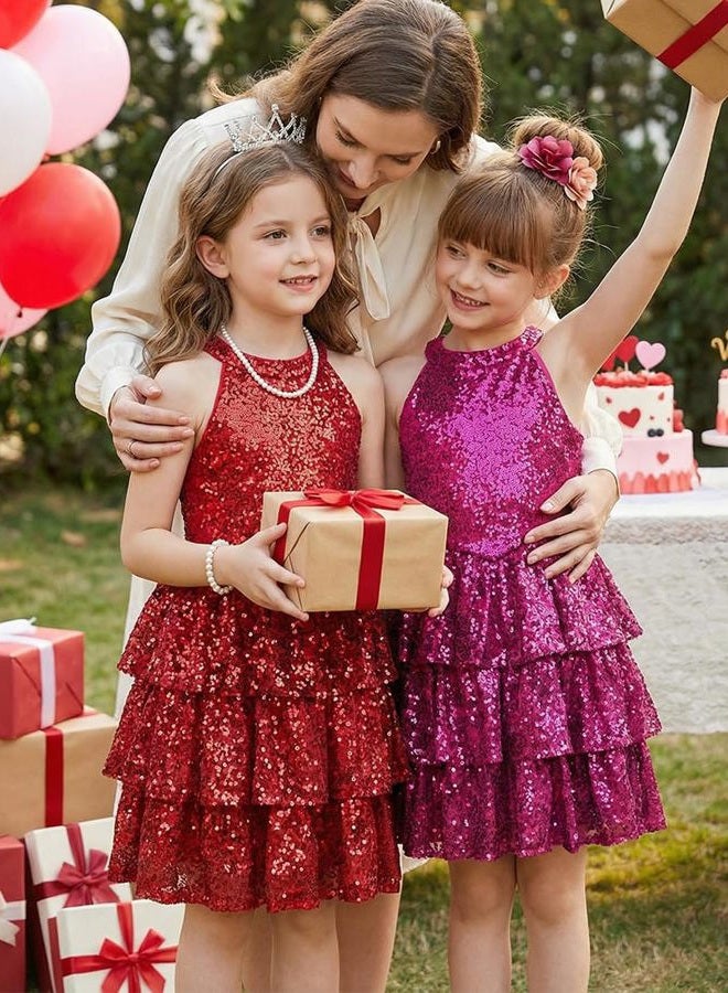 GRACE KARIN Girls Sequin Party Dress Sparkly Formal Birthday Special Occasion Kids Fancy Pageant Teen Dresses Size 6-14, Red, 6-7 Years - Image 2