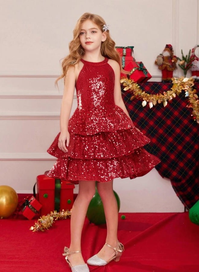 GRACE KARIN Girls Sequin Party Dress Sparkly Formal Birthday Special Occasion Kids Fancy Pageant Teen Dresses Size 6-14, Red, 6-7 Years - Image 5