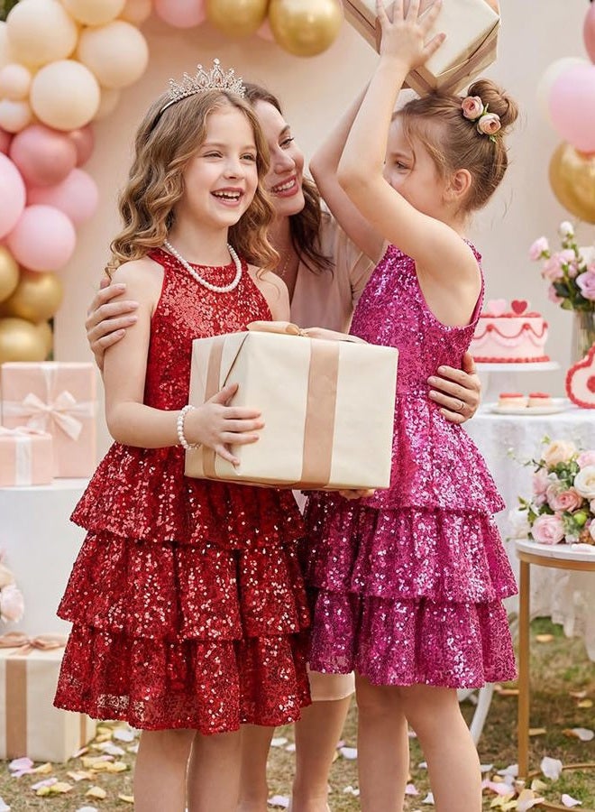 GRACE KARIN Girls Sequin Party Dress Sparkly Formal Birthday Special Occasion Kids Fancy Pageant Teen Dresses Size 6-14, Red, 6-7 Years - Image 3