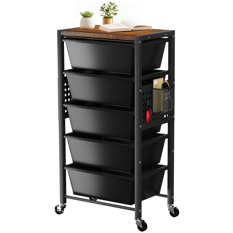 Time Forest Rolling Cart with 5 Drawers, Plastic Drawer Storage Carts with Wheels & Wooden Tabletop, Metal Utility Cart with Pegboards, Office Living Room Classroom Craft Organization and Storage, Dark Black - Image 1