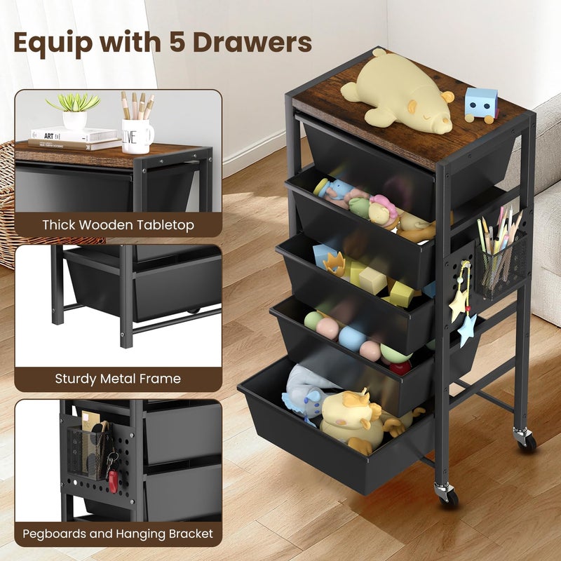 Time Forest Rolling Cart with 5 Drawers, Plastic Drawer Storage Carts with Wheels & Wooden Tabletop, Metal Utility Cart with Pegboards, Office Living Room Classroom Craft Organization and Storage, Dark Black - Image 5