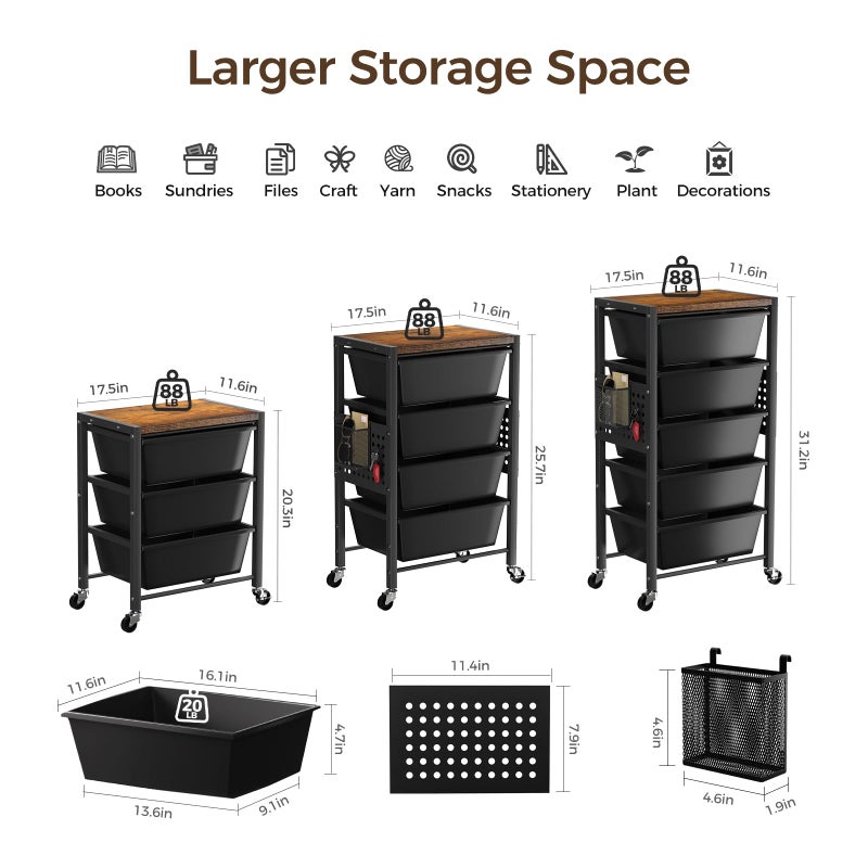 Time Forest Rolling Cart with 5 Drawers, Plastic Drawer Storage Carts with Wheels & Wooden Tabletop, Metal Utility Cart with Pegboards, Office Living Room Classroom Craft Organization and Storage, Dark Black - Image 4