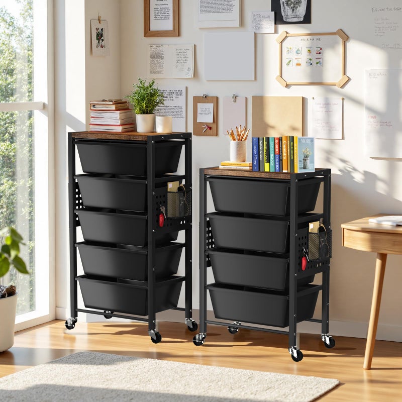 Time Forest Rolling Cart with 5 Drawers, Plastic Drawer Storage Carts with Wheels & Wooden Tabletop, Metal Utility Cart with Pegboards, Office Living Room Classroom Craft Organization and Storage, Dark Black - Image 2