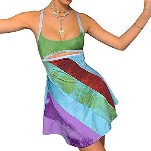 Honganda Y2K Dress for Women Summer Sleeveless Rainbow Bodycon Retro Going Out Dress 2000s 70s Halloween Costume - Image 3