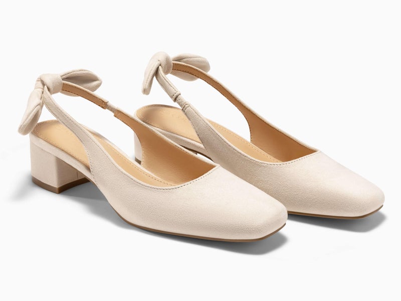 Coutgo Womens Chunky Low Heels Bow Slingback Pumps Closed Square Toe Wedding Party Dress Shoes, Nude, Size 8.5 - Image 4