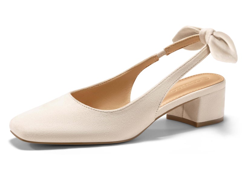 Coutgo Womens Chunky Low Heels Bow Slingback Pumps Closed Square Toe Wedding Party Dress Shoes, Nude, Size 8.5 - Image 1