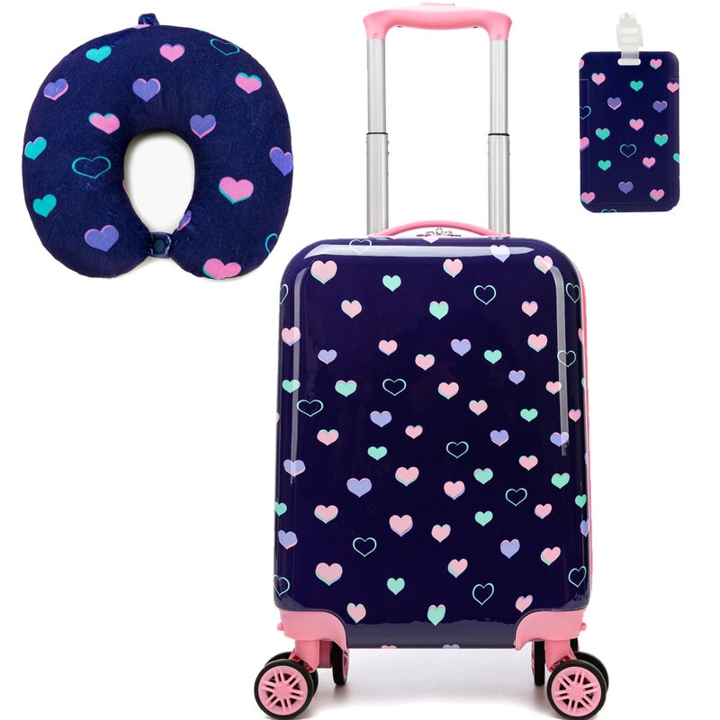Esteemly Kid's Luggage Set 2 Piece Suitcase Set Hardside Luggage with Spinner Wheels Girls Carry on Toddler Travel Rolling Suitcase with Neck Pillow Airline Approved - Image 1
