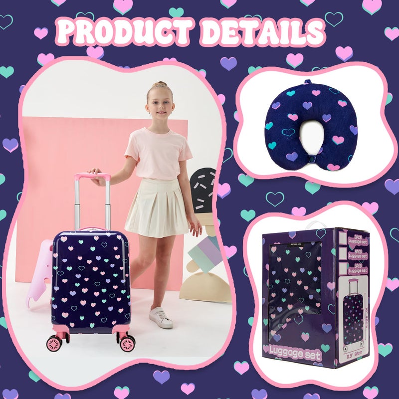 Esteemly Kid's Luggage Set 2 Piece Suitcase Set Hardside Luggage with Spinner Wheels Girls Carry on Toddler Travel Rolling Suitcase with Neck Pillow Airline Approved - Image 4