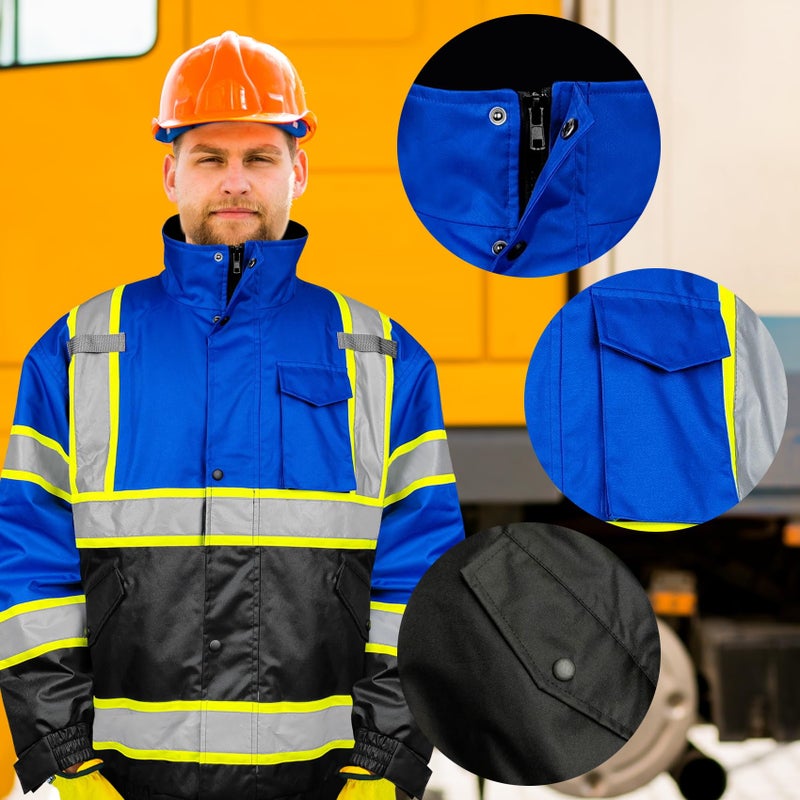 TOKISHI High Visibility Hoodie For Men Reflective Safety Jacket Zipper Men'S/Women'S Construction Work Safety Insulated Parka (US, Alpha, X-Large, Regular, Regular, Black Blue) - Image 5