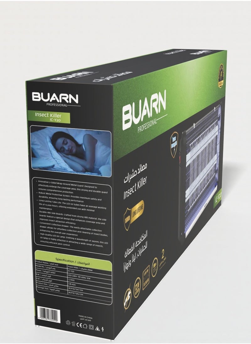 BUARN PROFESSIONAL - BUARN PROFESSIONAL 12W Pro LED Insect Zapper IC-Y20 – Effective 100m² Coverage for Pest-Free Spaces - Image 1