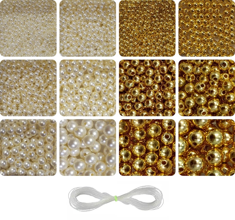 INDIKONB Gold and Off-White Moti Pearl Beads Jewelry Making Materials Set - Beads for Jewellery Making, Earring Making, DIY Art and Craft (Off White + Gold) - Image 1