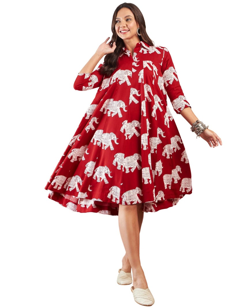 InWeave RED Elephant Print Flared Dress - Image 5