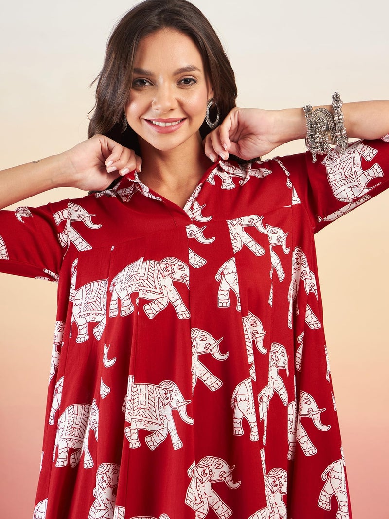 InWeave RED Elephant Print Flared Dress - Image 4