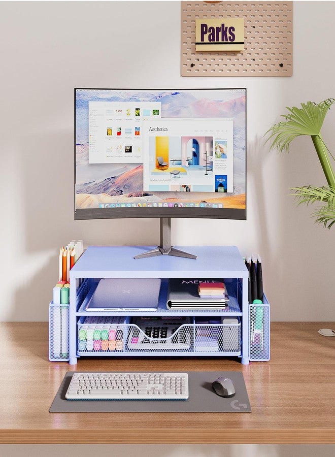 OPNICE Desk Organizers and Accessories, 2-Tier Computer Monitor Stand for Desk Organizer with Drawer and 2 Pen Holders, Office Desk Accessories Workspace Desktop Organizers for Office Supplies, Blue - Image 2
