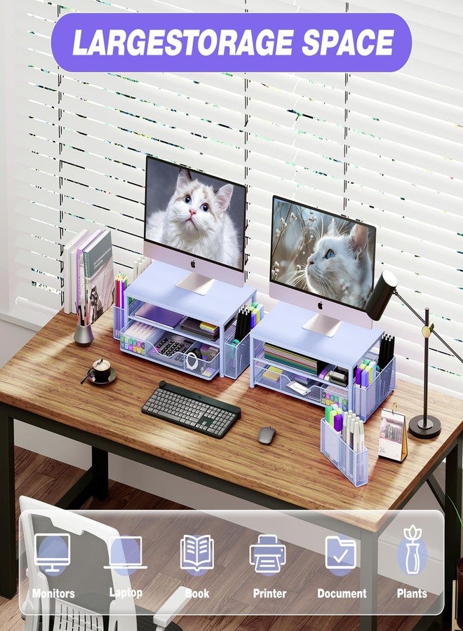 OPNICE Desk Organizers and Accessories, 2-Tier Computer Monitor Stand for Desk Organizer with Drawer and 2 Pen Holders, Office Desk Accessories Workspace Desktop Organizers for Office Supplies, Blue - Image 4