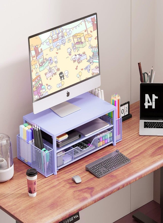 OPNICE Desk Organizers and Accessories, 2-Tier Computer Monitor Stand for Desk Organizer with Drawer and 2 Pen Holders, Office Desk Accessories Workspace Desktop Organizers for Office Supplies, Blue - Image 5