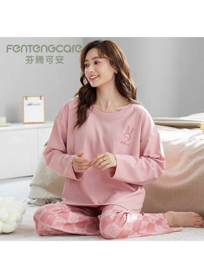 Fentengcare Women's Cotton Long Sleeve Long Pants Pullover Round Neck Two-piece Pajama Set For Spring And Autumn Casual Wear