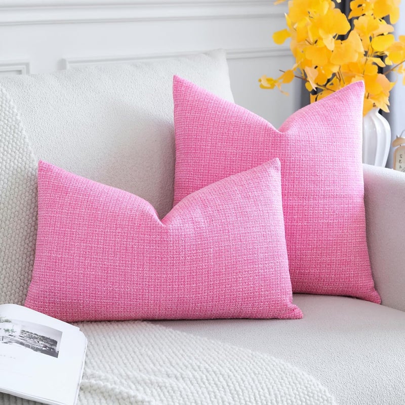 Otostar Pack of 2 Throw Pillow Covers 20x20 Inch Linen Hot Pink Pillowcases Farmhouse Decorative Solid Pillow Covers 50x50 cm Square Cushion Case for Home Decor Sofa Couch Bed (Hot Pink) - Image 4