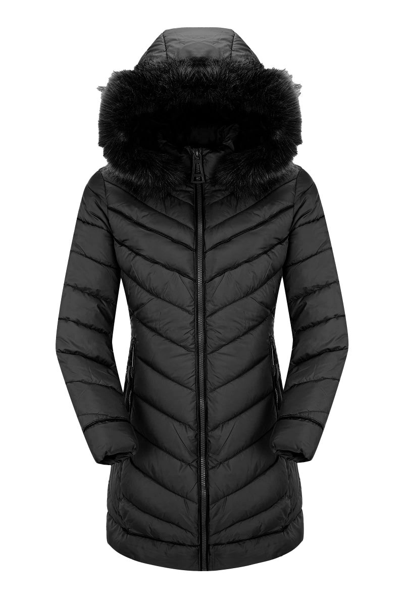Bellivera Puffer Jacket WomenLightweight Padding Bubble Hooded Coat with Fur Collar Warmth Outerwear 23707 Black L