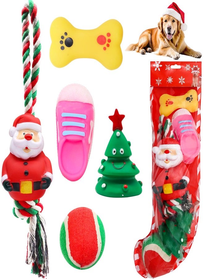 Auliand Christmas Stocking Dog Toys, 5Pcs Xmas Dog Toys Set with Santa Rope Toy, Squeaky Dogs Toy, Tennis Ball, Pet Supplies for Interactive Small & Medium Dogs Christmas Decorations - Image 1