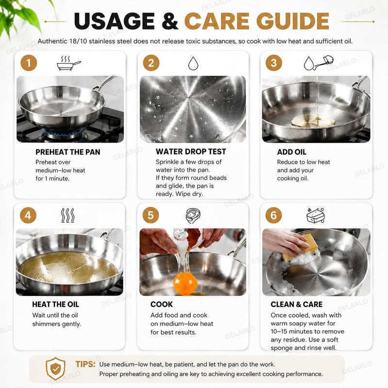 DELARLO Tri-Ply Stainless Steel 10inch and 12inch Frying Pan, Oven Safe Induction Skillet,pots and Pans Set,Suitable for All Stove (Detachable Handle) - Image 3