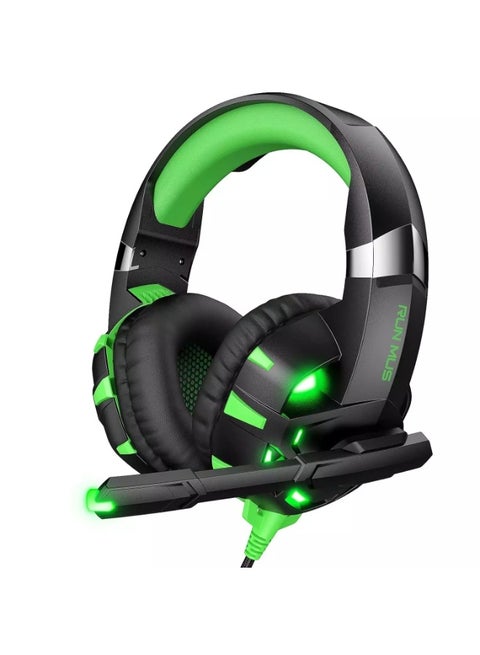 سماعة ألعاب سلكية K2 PRO، أضواء LED خضراء مع ميكروفون، صوت محيطي 7.1 ستيريو وباس وإلغاء الضوضاء، فوق الأذن، 3.5 مم، وسادة أذن مبطنة، لأجهزة PS4/PS5/PC/Xbox One