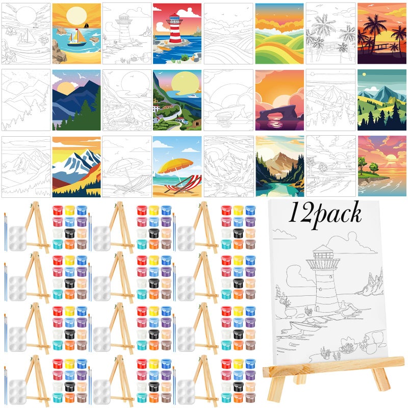 Zhanmai 12 Pack Pre Drawn Canvas for Painting Sip and Paint Kit 8" x 10" Paint Party Set Canvas Painting Pre Printed Canvases for Party Favor DIY Virtual Adult's Date Night(Landscape)