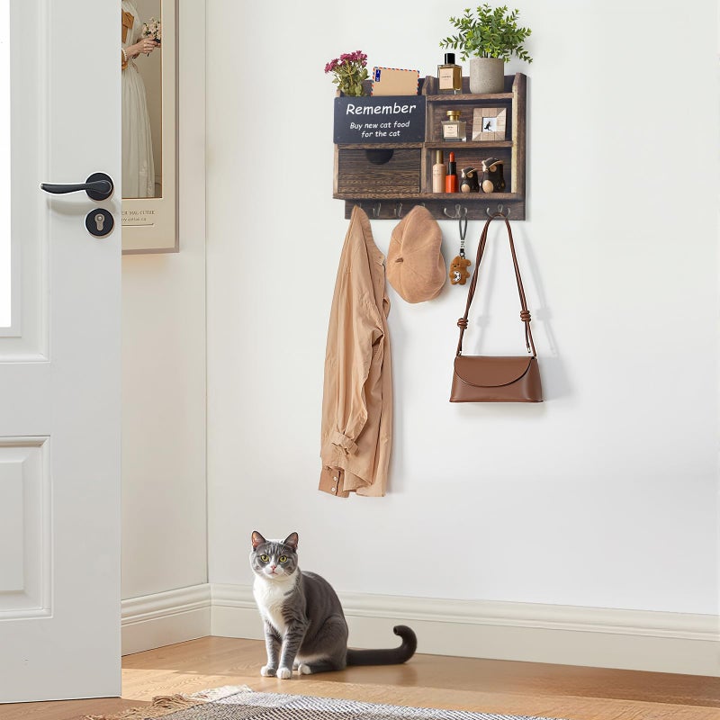 BELO VALE Key Holder Wall Mount, 14.5x11.2x3.5'' Larger 3-Tier Shelf 8 Hooks Drawer Storage,Wooden Key and Mail Holder for Wall,Farmhouse,Home,Living Room,House,Office Decor,Hats,Bag,Dog Leash Hanger Organizer - Image 4