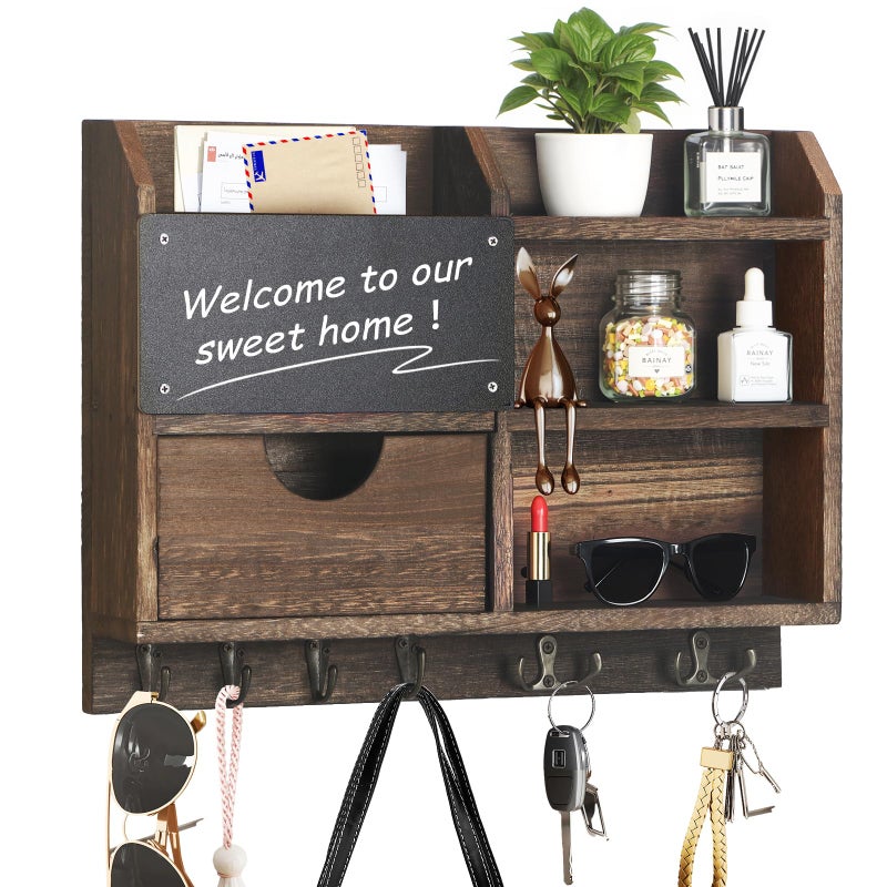 BELO VALE Key Holder Wall Mount, 14.5x11.2x3.5'' Larger 3-Tier Shelf 8 Hooks Drawer Storage,Wooden Key and Mail Holder for Wall,Farmhouse,Home,Living Room,House,Office Decor,Hats,Bag,Dog Leash Hanger Organizer - Image 1