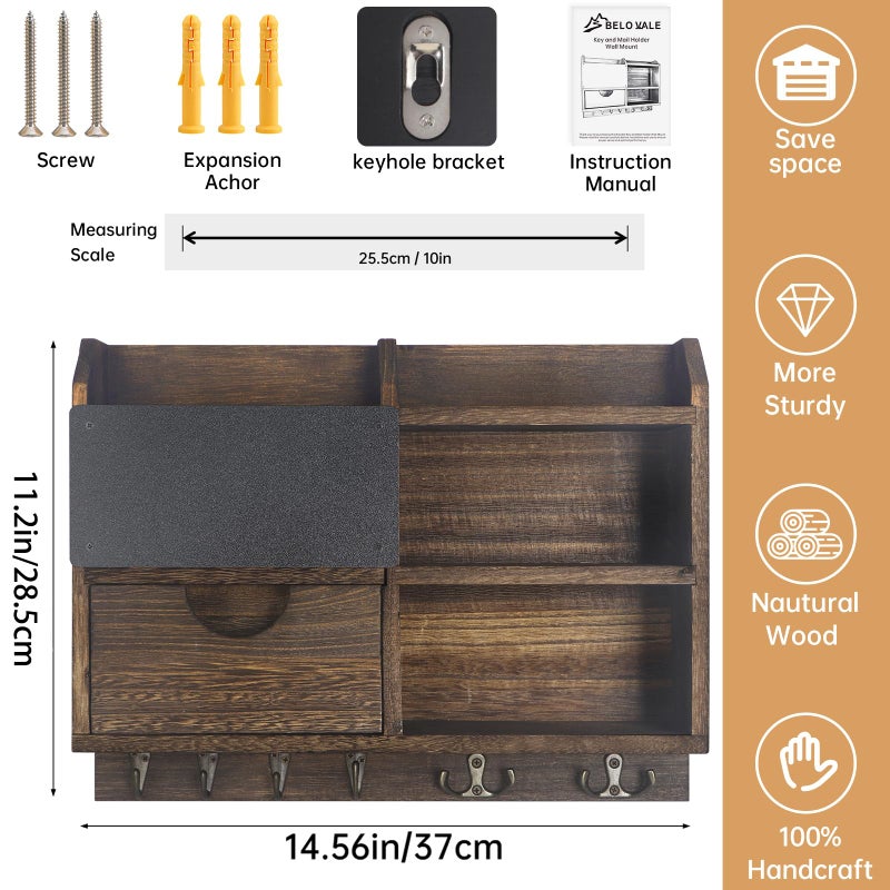 BELO VALE Key Holder Wall Mount, 14.5x11.2x3.5'' Larger 3-Tier Shelf 8 Hooks Drawer Storage,Wooden Key and Mail Holder for Wall,Farmhouse,Home,Living Room,House,Office Decor,Hats,Bag,Dog Leash Hanger Organizer - Image 2