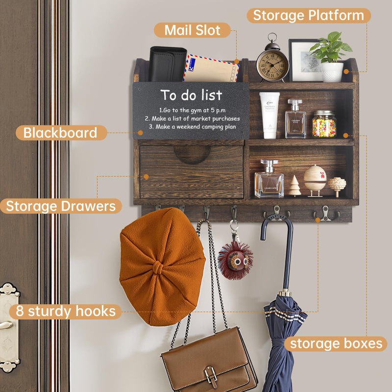BELO VALE Key Holder Wall Mount, 14.5x11.2x3.5'' Larger 3-Tier Shelf 8 Hooks Drawer Storage,Wooden Key and Mail Holder for Wall,Farmhouse,Home,Living Room,House,Office Decor,Hats,Bag,Dog Leash Hanger Organizer - Image 3