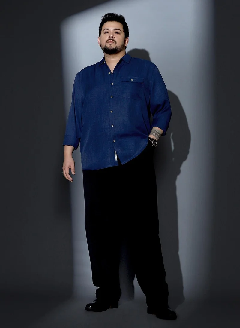 Instafab Plus  Instafab Plus Men Solid Dobby Regular Shirt | Spread Collar , Long Cuffed Sleeves | Button Closure , Curved Hem | Solid Dobby Material | Woven Fabric For Casual & Daily Wear | Midnight Blue for Men | Best Price UAE