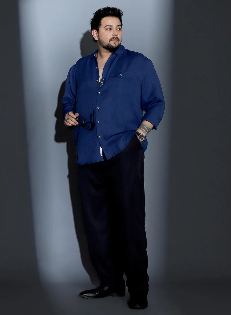 Instafab Plus  Instafab Plus Men Solid Dobby Regular Shirt | Spread Collar , Long Cuffed Sleeves | Button Closure , Curved Hem | Solid Dobby Material | Woven Fabric For Casual & Daily Wear | Midnight Blue for Men | Best Price UAE