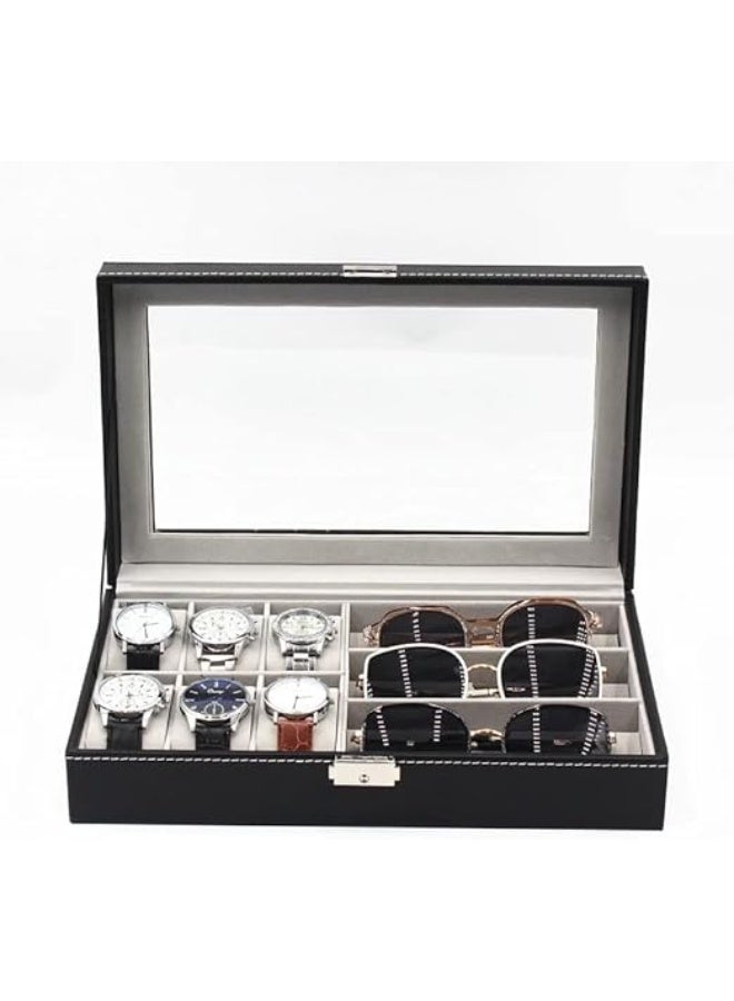 Leather Watch and Glasses Organizer Box – 6 Slots for Watches & 3 Slots for Glasses, Black PU Leather Display Case with Glass Lid and Removable Compartments, Elegant Storage for Men - Image 2