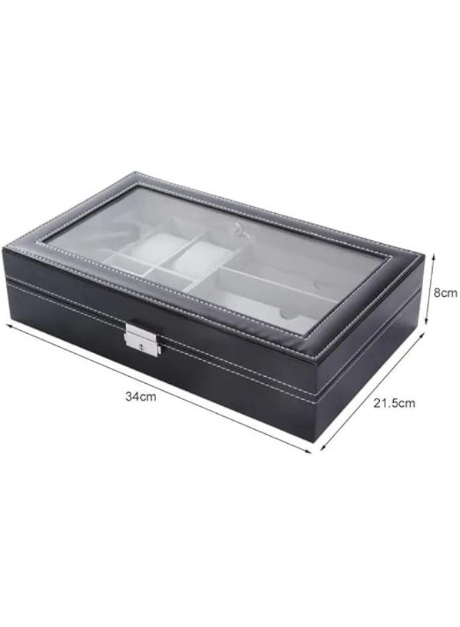 Leather Watch and Glasses Organizer Box – 6 Slots for Watches & 3 Slots for Glasses, Black PU Leather Display Case with Glass Lid and Removable Compartments, Elegant Storage for Men - Image 3