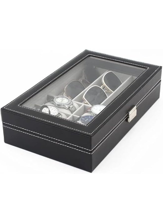Leather Watch and Glasses Organizer Box – 6 Slots for Watches & 3 Slots for Glasses, Black PU Leather Display Case with Glass Lid and Removable Compartments, Elegant Storage for Men - Image 5