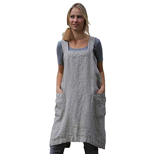 Larmliss Women’s Pinafore Square Apron Baking Cooking Gardening Works Cross Back Cotton/Linen Blend Dress with 2 Pockets Gray - Image 1