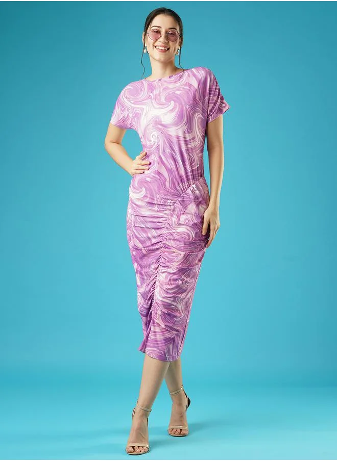 جلو باص Abstract Printed Ruched Bodycon Midi Dress by Styli