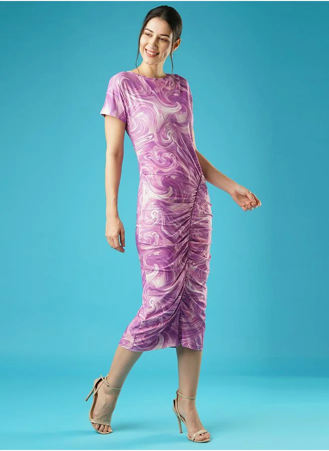 جلو باص Abstract Printed Ruched Bodycon Midi Dress by Styli