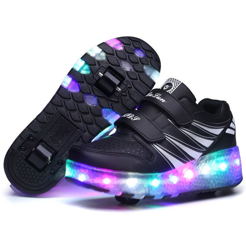 Generic Popular online popular walking shoes boys and girls Childrens double-wheel four-wheel skating shoes roller skating shoes roller skating shoes roller walking shoes 988 black two-wheel charging model 