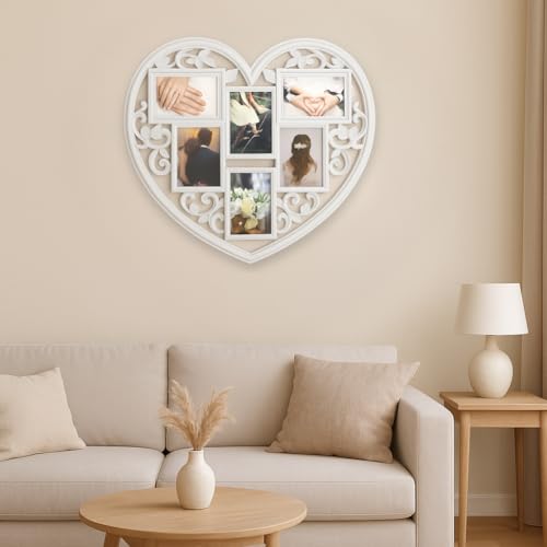JOICE GIFT White Wall Large Hanging Heart Shape Collage Picture Frame 6 Opening 4" x 6" - Image 2