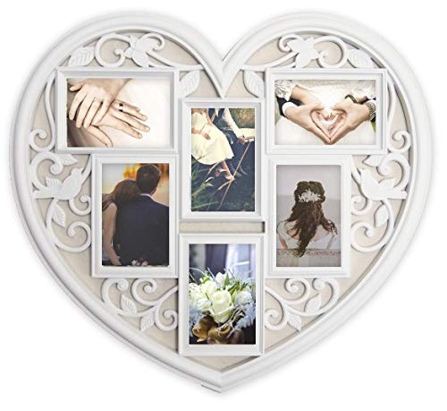 JOICE GIFT White Wall Large Hanging Heart Shape Collage Picture Frame 6 Opening 4" x 6" - Image 1