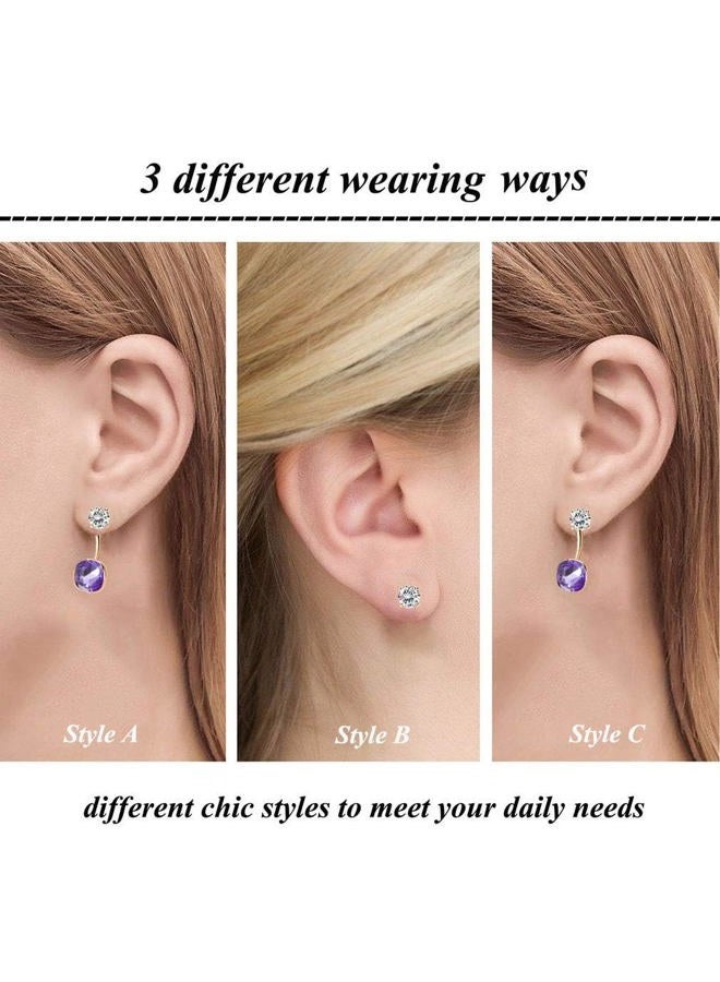 EVEVIC Austrian Crystal Front Back 2 in 1 Square Cushion Drop Earrings for Women 14K Gold Plated Hypoallergenic Earring Jackets (Tanzanite) - Image 2