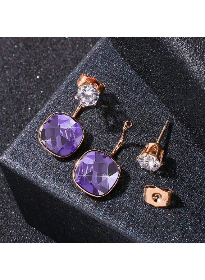 EVEVIC Austrian Crystal Front Back 2 in 1 Square Cushion Drop Earrings for Women 14K Gold Plated Hypoallergenic Earring Jackets (Tanzanite) - Image 4