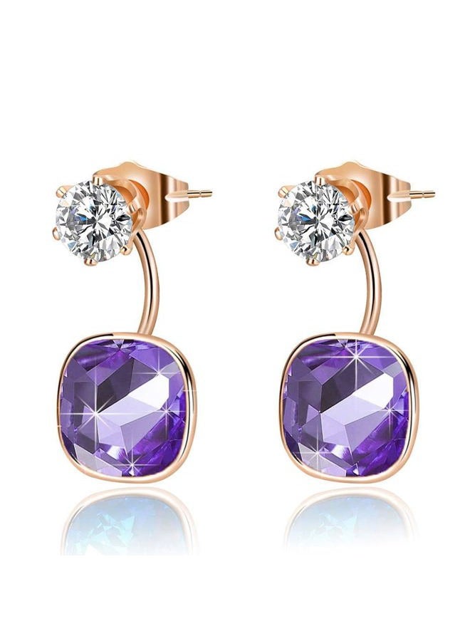 EVEVIC Austrian Crystal Front Back 2 in 1 Square Cushion Drop Earrings for Women 14K Gold Plated Hypoallergenic Earring Jackets (Tanzanite) - Image 1