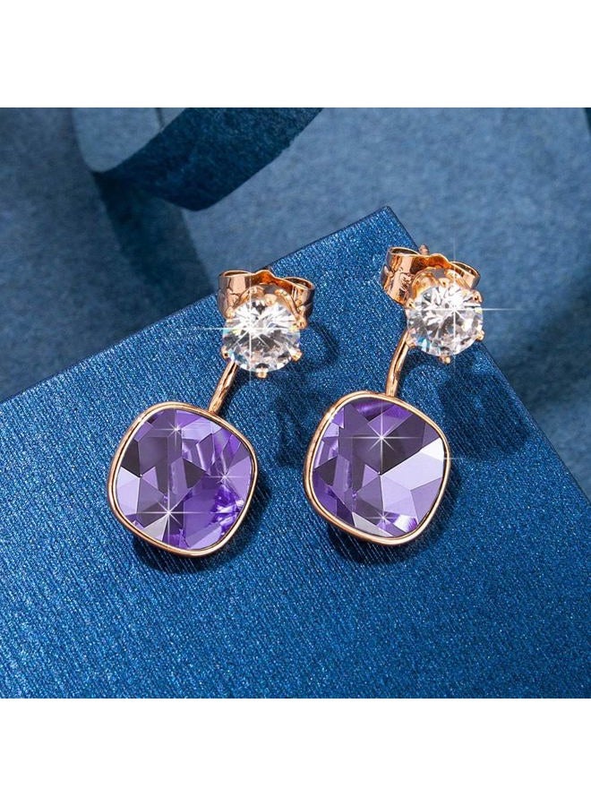 EVEVIC Austrian Crystal Front Back 2 in 1 Square Cushion Drop Earrings for Women 14K Gold Plated Hypoallergenic Earring Jackets (Tanzanite) - Image 3