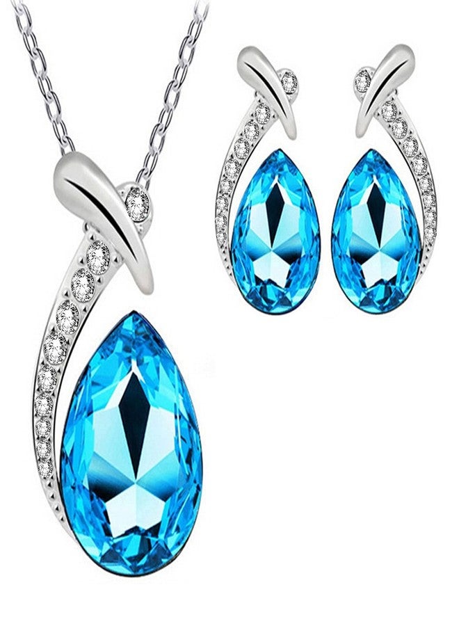 Okos Rhodium Plated Crystal Jewellery Combo Of 4 Designer Pendant Set Studded With Blue Crystal Stones For Girls And Women CO1000389 - Image 4